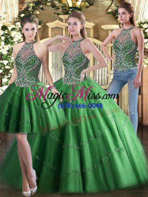 Green Sleeveless Beading Floor Length Ball Gown Prom Dress