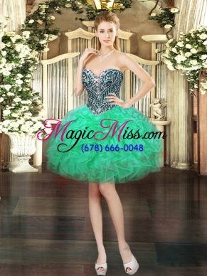 Popular Turquoise Lace Up Dress for Prom Beading and Ruffles Sleeveless Mini Length