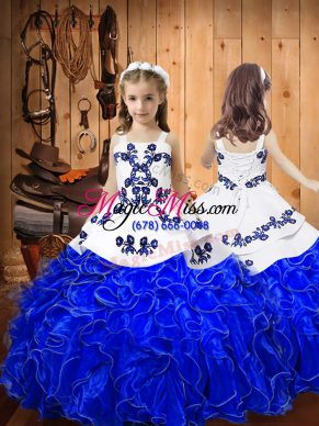 Custom Design Straps Sleeveless Organza Little Girl Pageant Dress Embroidery and Ruffles Lace Up