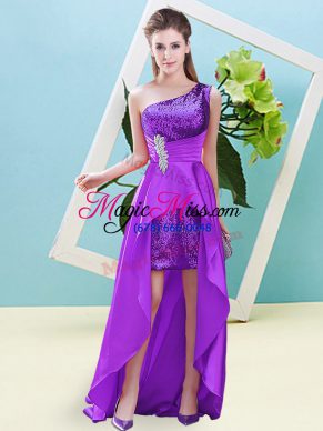Eggplant Purple A-line Elastic Woven Satin and Sequined One Shoulder Sleeveless Beading and Sequins High Low Lace Up