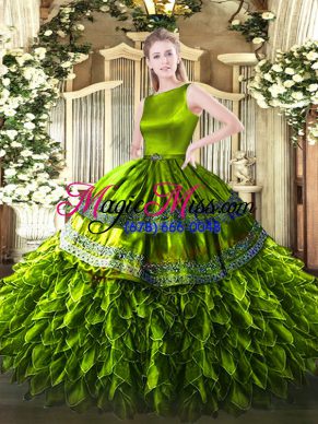 Floor Length Olive Green Quinceanera Gown Satin and Organza Sleeveless Ruffles