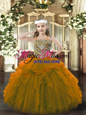 Custom Designed Straps Sleeveless Pageant Dresses Floor Length Beading and Ruffles Brown Organza