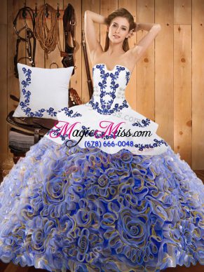 Beautiful Strapless Sleeveless Sweep Train Lace Up Sweet 16 Dresses Multi-color Satin and Fabric With Rolling Flowers