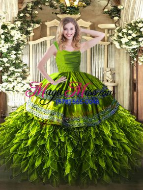 Olive Green Organza Zipper Straps Sleeveless Floor Length Quinceanera Gowns Beading and Lace and Ruffles