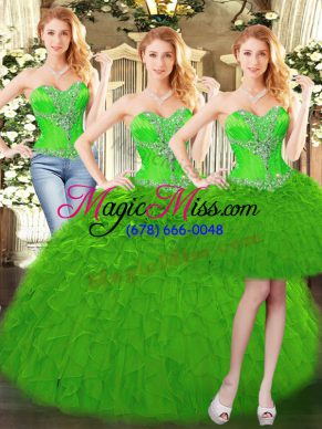 Green Organza Lace Up Ball Gown Prom Dress Sleeveless Floor Length Beading and Ruffles