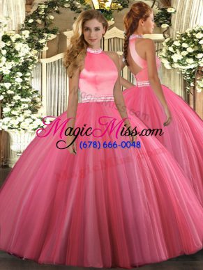 Perfect Coral Red Ball Gowns Beading 15th Birthday Dress Backless Tulle Sleeveless Floor Length