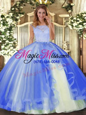 Noble Blue Tulle Clasp Handle Scoop Sleeveless Floor Length Quince Ball Gowns Lace and Ruffles