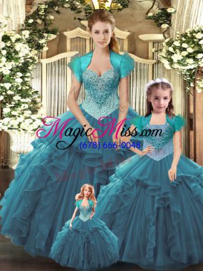 Straps Sleeveless Lace Up Vestidos de Quinceanera Teal Tulle