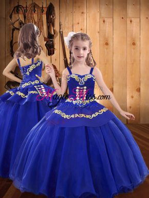 Gorgeous Royal Blue Straps Neckline Embroidery Kids Formal Wear Sleeveless Lace Up