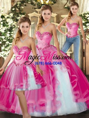 Colorful Baby Pink Three Pieces Organza Sweetheart Sleeveless Ruffles Floor Length Lace Up Quinceanera Gowns