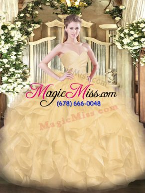 Custom Design Floor Length Gold Quince Ball Gowns Organza Sleeveless Beading and Ruffles