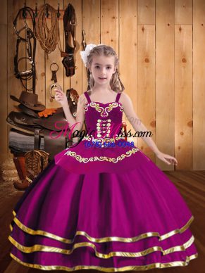 Fuchsia Straps Lace Up Embroidery and Ruffled Layers Little Girl Pageant Dress Sleeveless