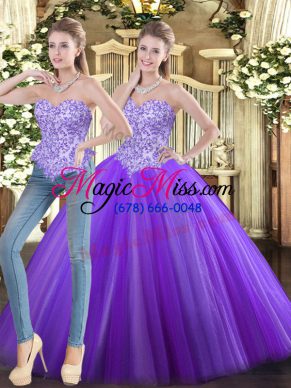 Discount Eggplant Purple Sleeveless Tulle Lace Up Ball Gown Prom Dress for Military Ball and Sweet 16 and Quinceanera
