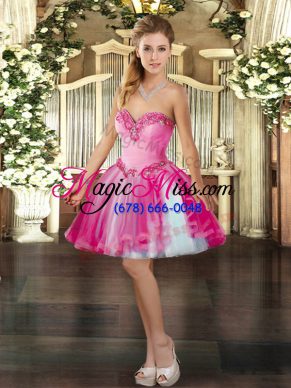 Mini Length Lace Up Prom Dress Hot Pink for Prom and Party with Beading