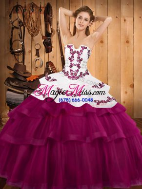 Fuchsia Quinceanera Gowns Military Ball and Sweet 16 and Quinceanera with Embroidery and Ruffled Layers Strapless Sleeveless Sweep Train Lace Up