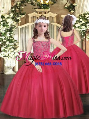Coral Red Sleeveless Tulle Lace Up Little Girls Pageant Dress Wholesale for Party and Sweet 16 and Quinceanera and Wedding Party