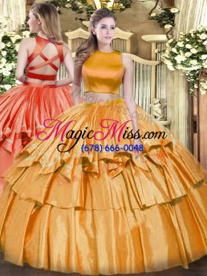 Exceptional Orange Sweet 16 Dresses Military Ball and Sweet 16 and Quinceanera with Ruffled Layers High-neck Sleeveless Criss Cross
