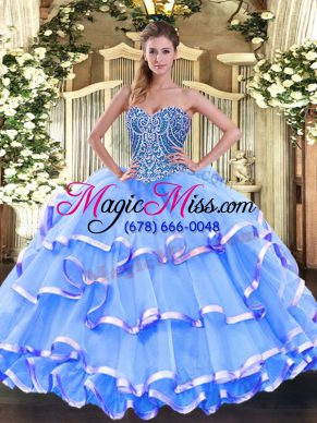 Baby Blue Sweetheart Neckline Beading and Ruffled Layers Quinceanera Dress Sleeveless Lace Up