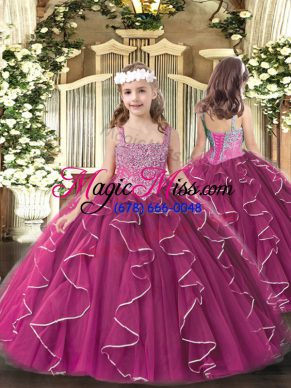 Luxurious Fuchsia Sleeveless Floor Length Beading and Ruffles Lace Up Girls Pageant Dresses