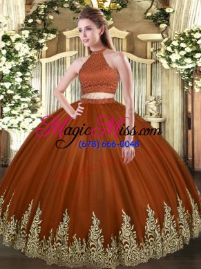 Luxurious Floor Length Rust Red Sweet 16 Quinceanera Dress Tulle Sleeveless Beading and Appliques