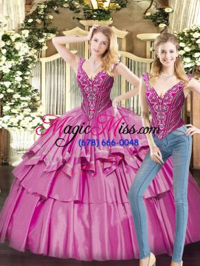 Fine Fuchsia Sleeveless Organza Lace Up Quinceanera Dresses for Military Ball and Sweet 16 and Quinceanera