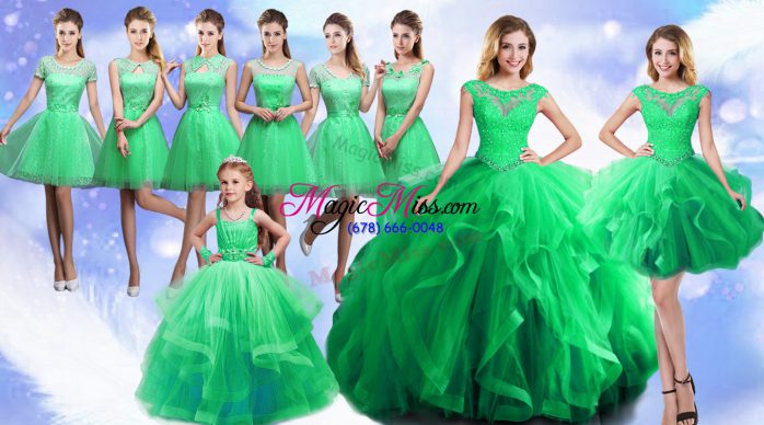 Clearance Sleeveless Organza Floor Length Lace Up 15 Quinceanera Dress in Green with Beading and Ruffles