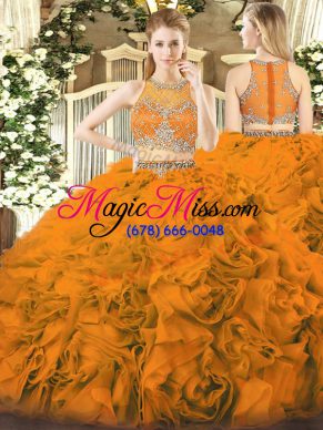 Fabric With Rolling Flowers Scoop Sleeveless Zipper Beading Quinceanera Gowns in Orange Red