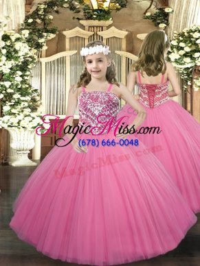 Beading Pageant Dresses Rose Pink Lace Up Sleeveless Floor Length