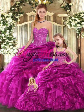 Admirable Fuchsia Sweetheart Lace Up Beading and Ruffles Quince Ball Gowns Sleeveless
