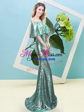 Floor Length Zipper Prom Evening Gown Apple Green for Prom and Party with Sequins
