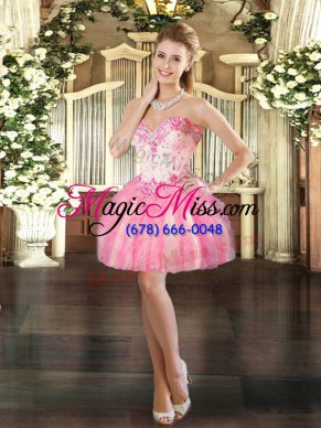 Simple Pink Sweetheart Neckline Beading and Ruffles Prom Gown Sleeveless Lace Up