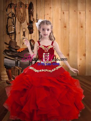 Custom Fit Red Lace Up Pageant Dress for Girls Embroidery and Ruffles Sleeveless Floor Length