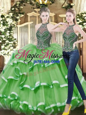 Custom Design Green Organza Lace Up High-neck Sleeveless Floor Length Ball Gown Prom Dress Beading and Ruffled Layers