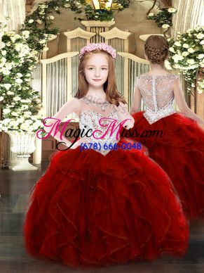 Most Popular Wine Red Ball Gowns Scoop Sleeveless Organza Floor Length Zipper Beading and Ruffles Custom Made Pageant Dress