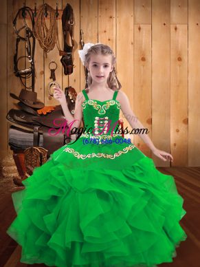 Floor Length Green Little Girls Pageant Gowns Organza Sleeveless Embroidery and Ruffles