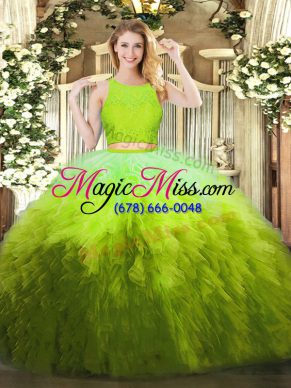 Deluxe Olive Green Ball Gowns Organza Scoop Sleeveless Lace and Ruffles Floor Length Zipper Sweet 16 Dress