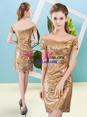Gold Zipper Prom Party Dress Sequins Short Sleeves Mini Length