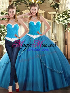 Elegant Sweetheart Sleeveless Quinceanera Gowns Floor Length Beading Teal Tulle