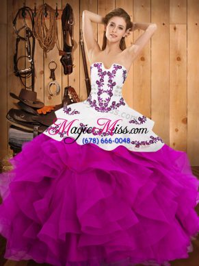Satin and Organza Strapless Sleeveless Lace Up Embroidery and Ruffles 15th Birthday Dress in Fuchsia