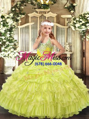 Yellow Green Ball Gowns Organza V-neck Sleeveless Beading and Ruffled Layers and Pick Ups Floor Length Lace Up Pageant Dress Wholesale