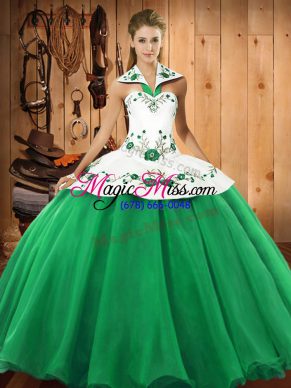 Halter Top Sleeveless Lace Up Sweet 16 Quinceanera Dress Green Satin and Tulle