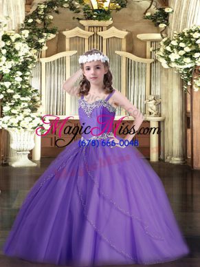 Straps Sleeveless Sweep Train Lace Up Little Girls Pageant Gowns Lavender Tulle