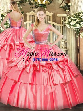 Hot Pink Sleeveless Floor Length Beading and Ruffled Layers Zipper Quinceanera Dress