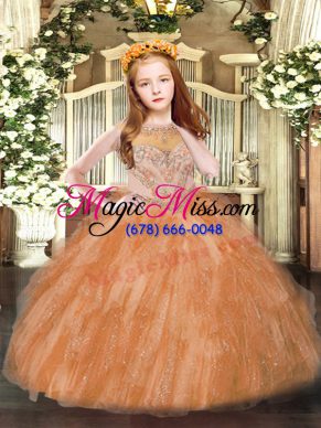 Discount Scoop Sleeveless Pageant Dress Wholesale Floor Length Beading and Ruffles Rust Red Tulle