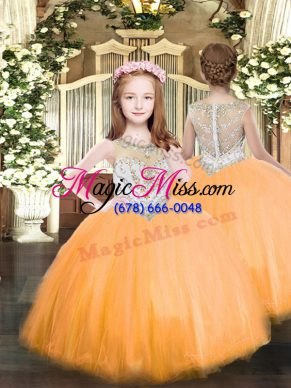 Orange Ball Gowns Beading Little Girls Pageant Dress Zipper Tulle Sleeveless Floor Length