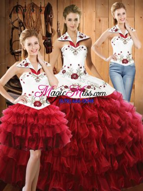 Sleeveless Organza Floor Length Lace Up 15th Birthday Dress in Wine Red with Embroidery and Ruffled Layers