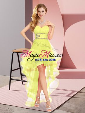 Custom Fit Yellow Sleeveless High Low Beading Lace Up Wedding Guest Dresses