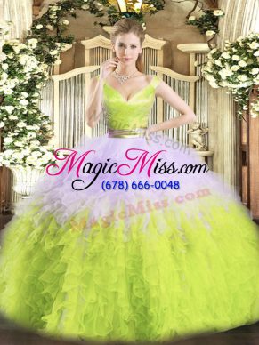 Fitting Multi-color Organza Zipper V-neck Sleeveless Floor Length Ball Gown Prom Dress Ruffles