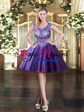 Purple Sleeveless Mini Length Beading Zipper Evening Dress
