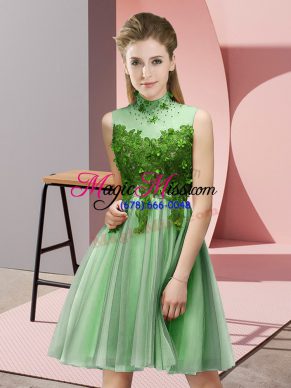 Edgy Apple Green Empire High-neck Sleeveless Tulle Knee Length Lace Up Appliques Bridesmaid Dress